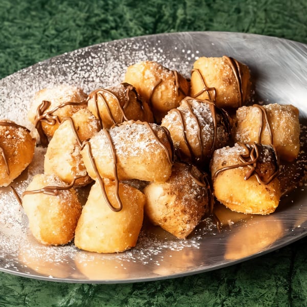 Pizza Nova's fried dough fritters, drizzled with chocolate and dusted with powdered sugar.