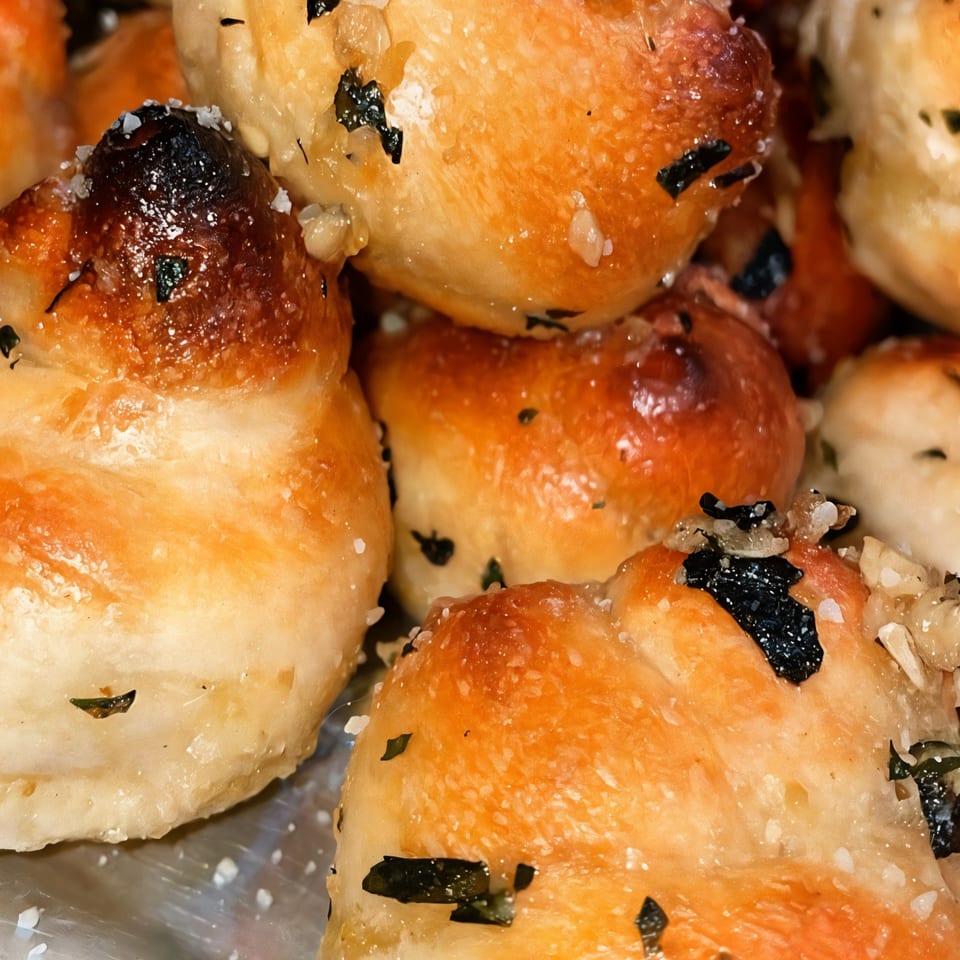 Close-up of golden-brown Pizza Nova garlic knots, sprinkled with herbs and coarse salt.