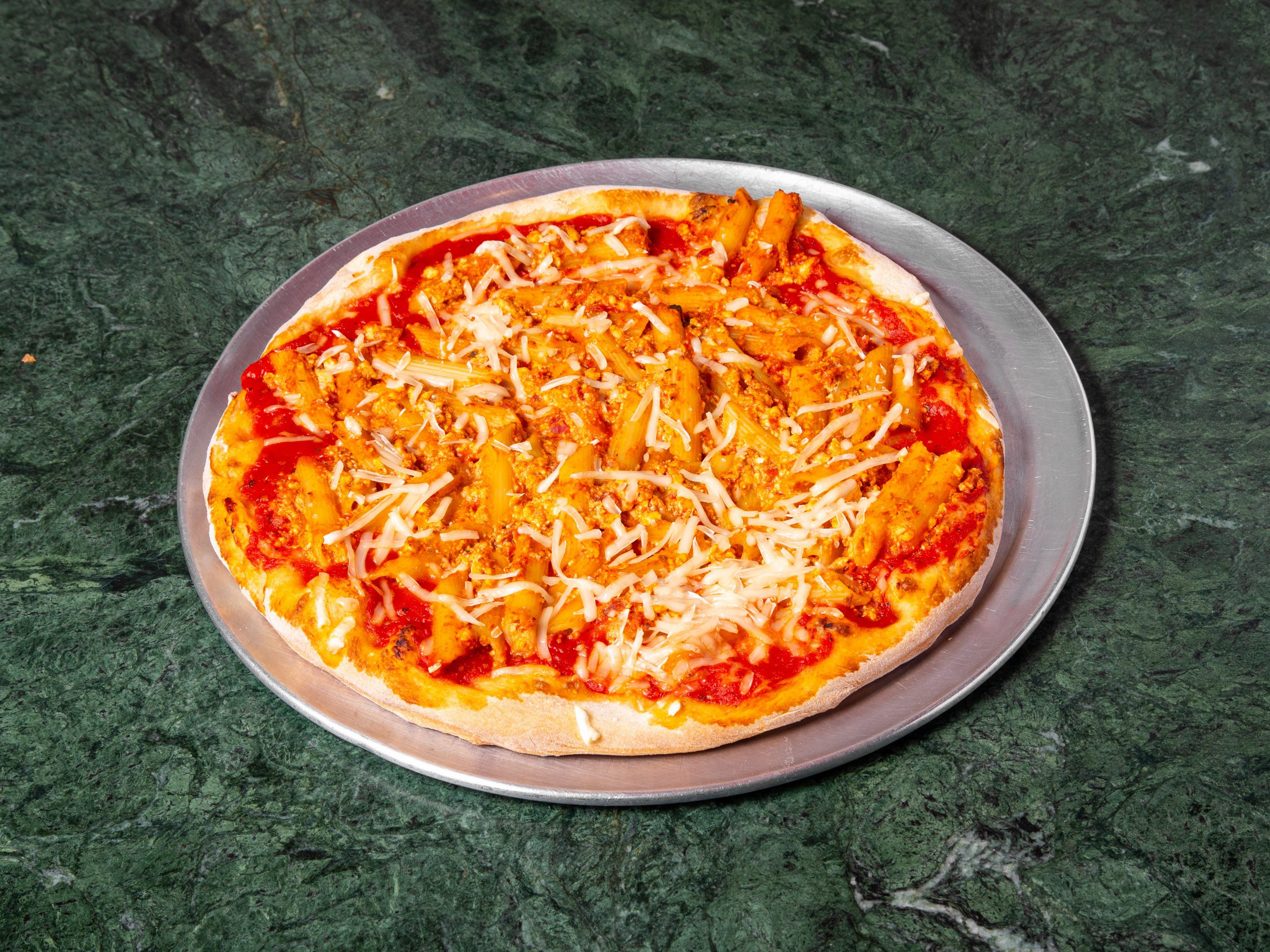Vegan Baked Ziti Pizza.